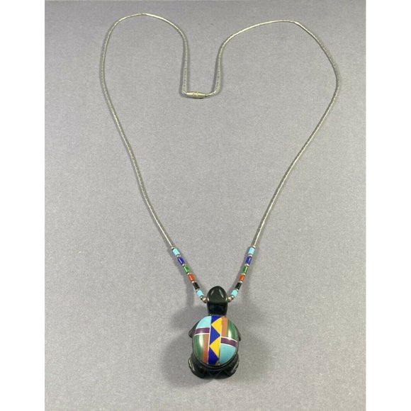 Zuni Necklace Hand Carved Onyx Multi Stone Inlaid Turtle Pendant Necklace - Picture 3 of 9